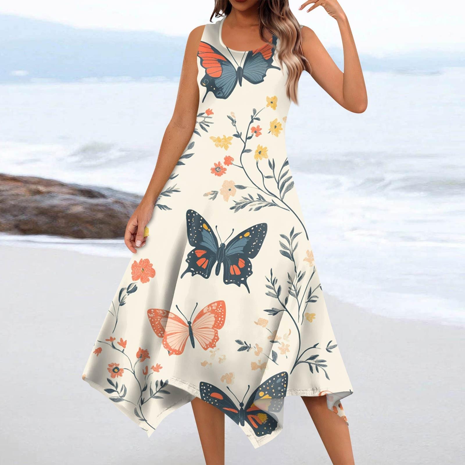 

Women s Casual Fashion Round Neck Sleeveless Floral Print Irregular Hem Midi Dress L хаки