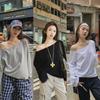 Tricou Negru Off-Shoulder pentru Femei Zhang Jingyi - Mânecă Scurtă, Croială Largă