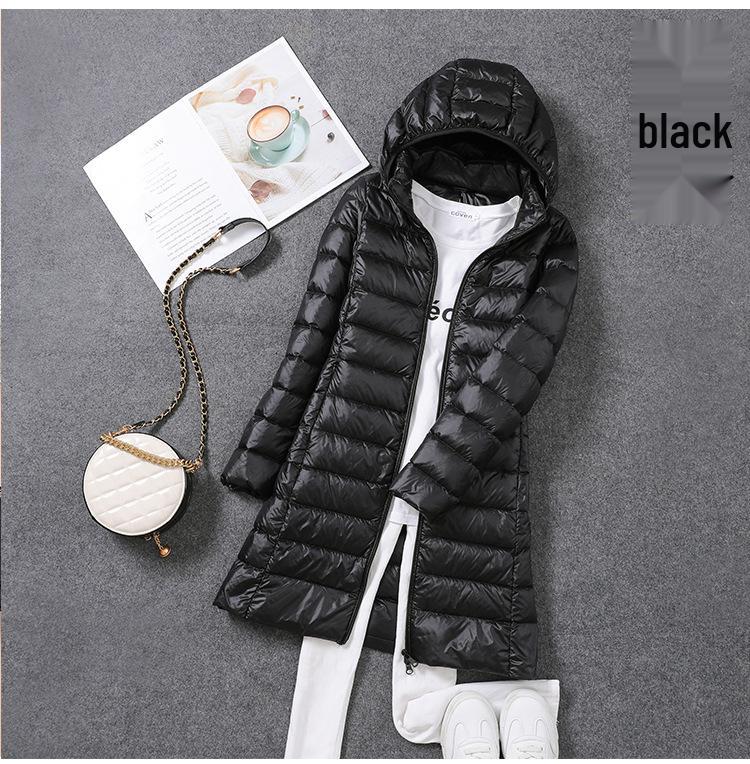 2024 Women's Lightweight Mid-Length White Duck Down Jacket, Korean Style, Slimming Design with Detachable Hood