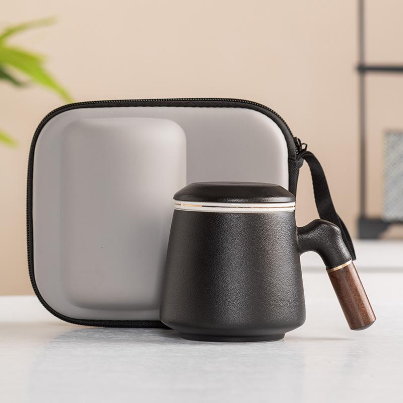 

Ceramic cup with lid tea separation cup filter tea water cup wooden handle office cup high-end new Chinese gifts
