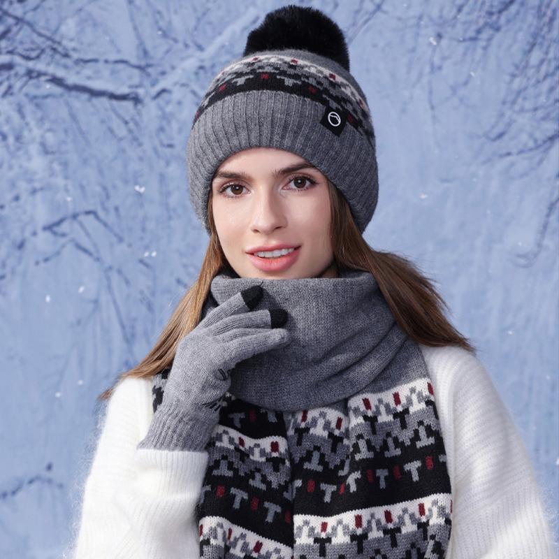 Vinterhatt Mössa Halsduk Tre-delat Set Dam Sammet Öronskydd Köldtålig Varm Mössa Utomhus Stickad Ullmössa