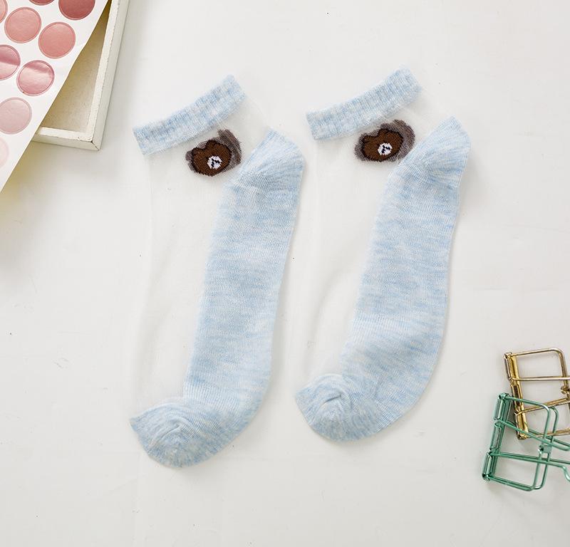 5 /10 Pairs Women Socks Summer Cartoon Socks Bear Colorful No Show Socks Soft Silk Thin Transparent Kawaii Girls Female Ankle Socks