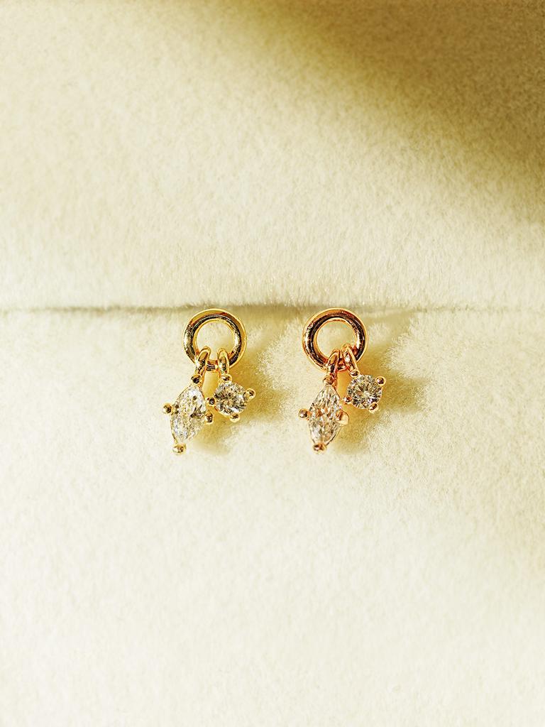 Minimalpiercing 14K Twin Cubic Drop Piercing Earrings