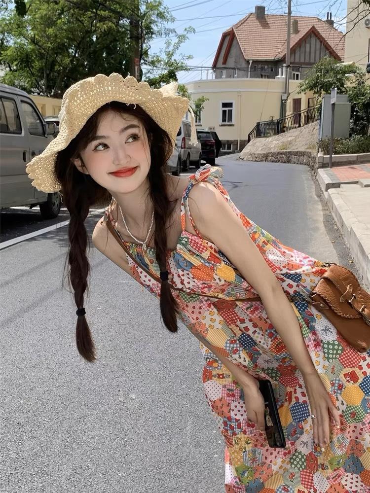 Dopamine girl floral suspender dress women s summer new lace splicing slimming skirt S
