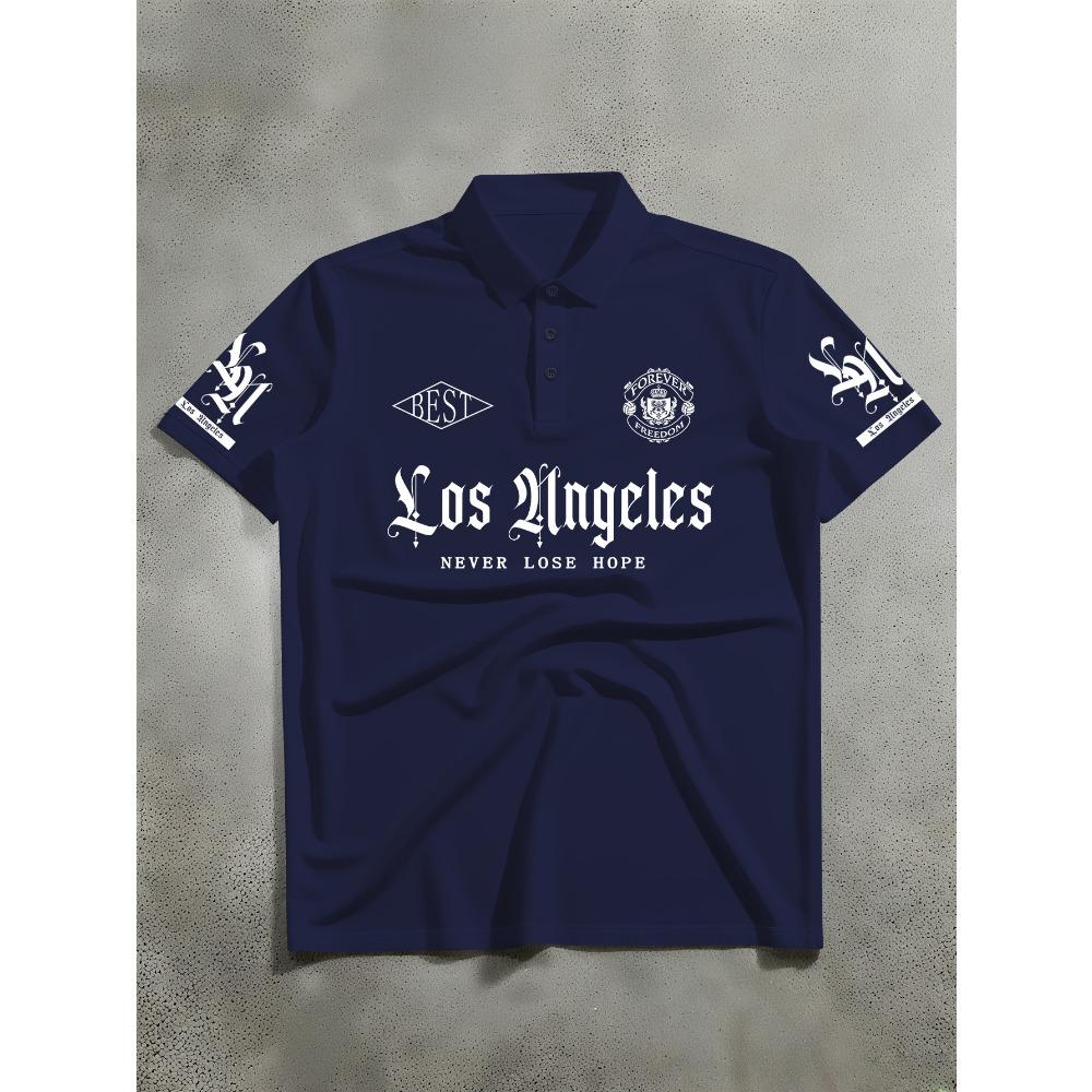 Men's Short-sleeved Polo Shirt, American Street Style Los Angeles English Printed Polo Shirt