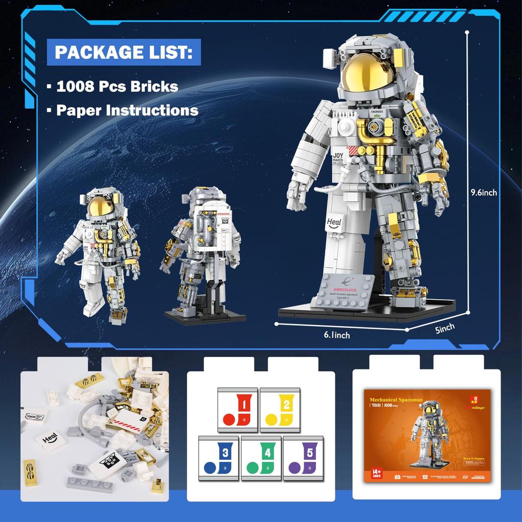 JMBricklayer Astronaut Building Blocks Set for Adults and Boys Ages 8-14, Cool Astronaut Model Kit with Display Stand, Spaceship Explorer STEM Toy, Sp