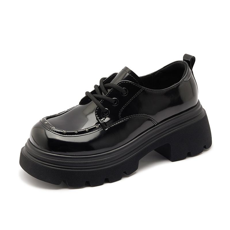 

Brown platform small leather shoes women s height increase British college style one-pedal loafers rhinestone autumn new leather women s shoes 35