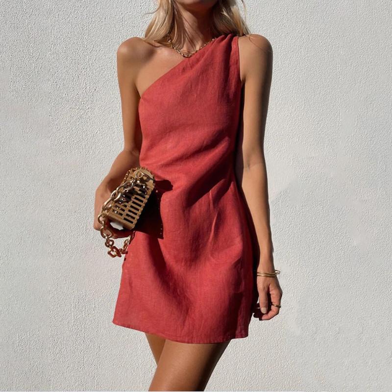 

Женские модные однотонные платья с одним плечевым ремнем, тонкие темпераментные платья с наклонными плечами L красный