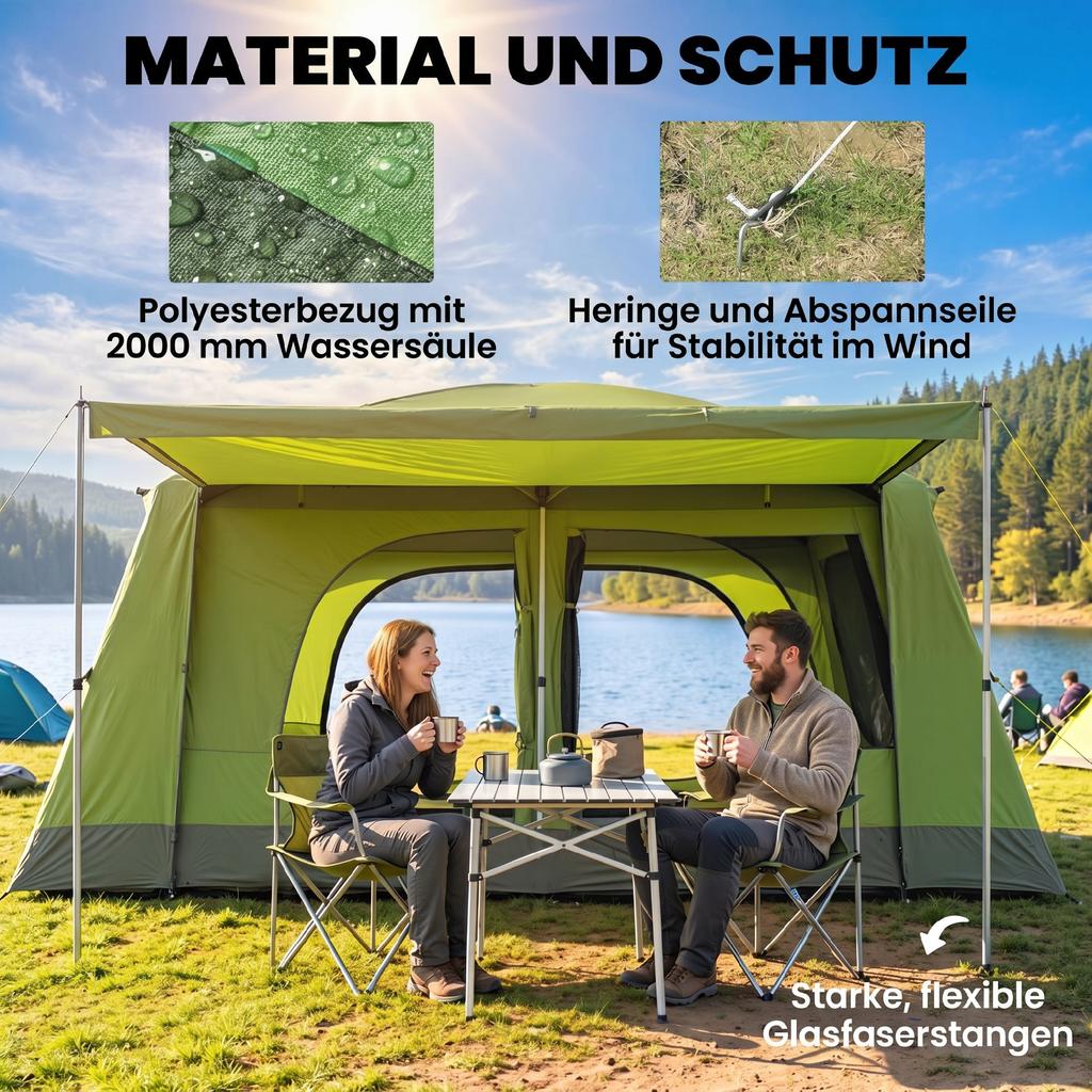 Tunnel Tent Camping Shelter W/ Porch, Two Rooms, Lamp Hook, Portable Carry Bag