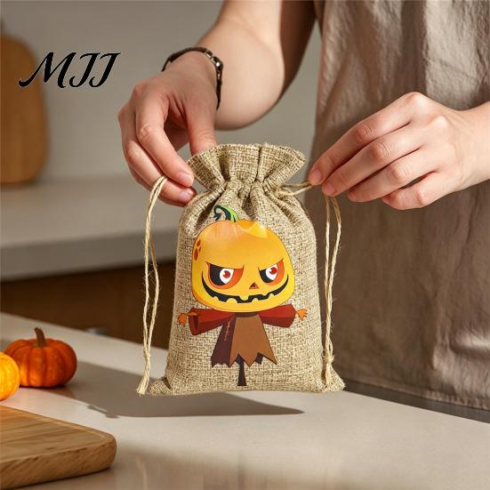Pumpkin Theme Party Supplies 2PCS Halloween Drawstring Treat Bags, Cartoon Faux Linen Trick or Gift Pouches Sacks, Kids Candy Storage for Favors Cute