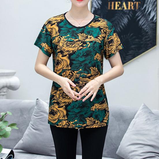 Summer Short-sleeved Ice Silk T-shirt Women's Round Neck Large Size Loose Elastic Multicolor Tops Female Casual Print Blouse