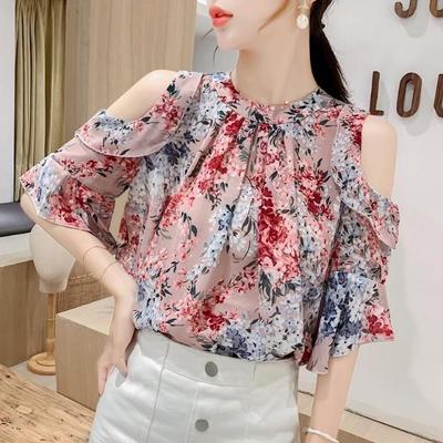 Elegantes Damen Chiffon-Oberteil mit floralem Druck, schulterfrei, kurzärmlig, Damen Sommer Koreanisch locker Top Bluse Blusas