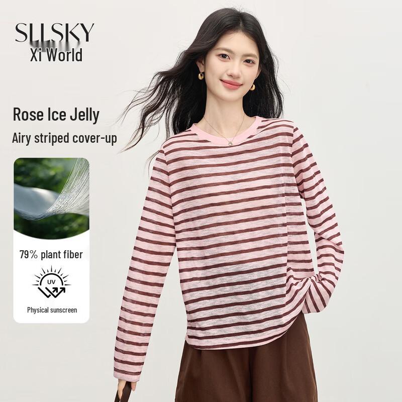 SLLSKY Women s Relaxed Striped Sun Protection Long-Sleeve T-Shirt XL