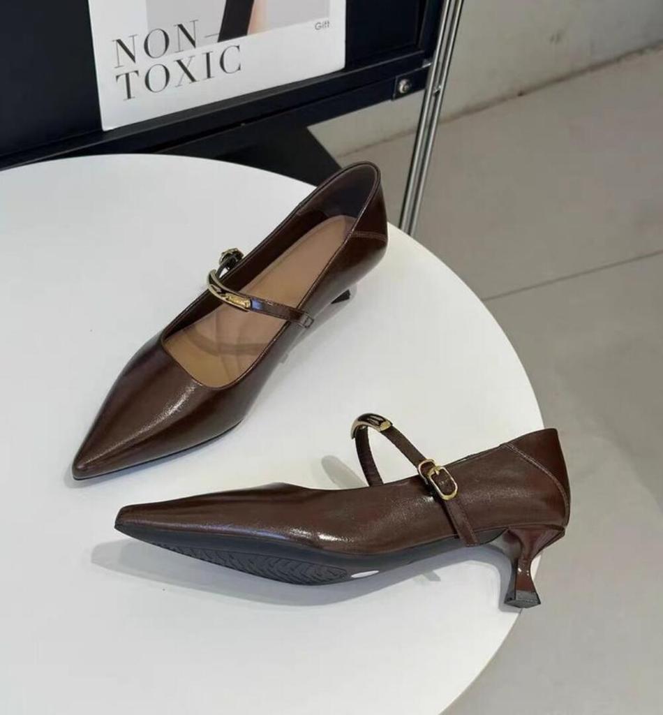 2026 French Vintage Pointed Mary Jane Shoes for Women Spring Workwear High Heels Woman Stiletto Heels Office Leather Shoes