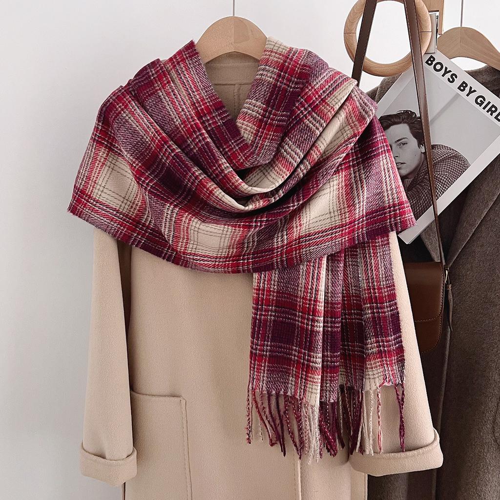 Korean version of imitation cashmere literary lines plaid warm shawl scarf autumn and winter fashion atmosphere versatile fringed scarf