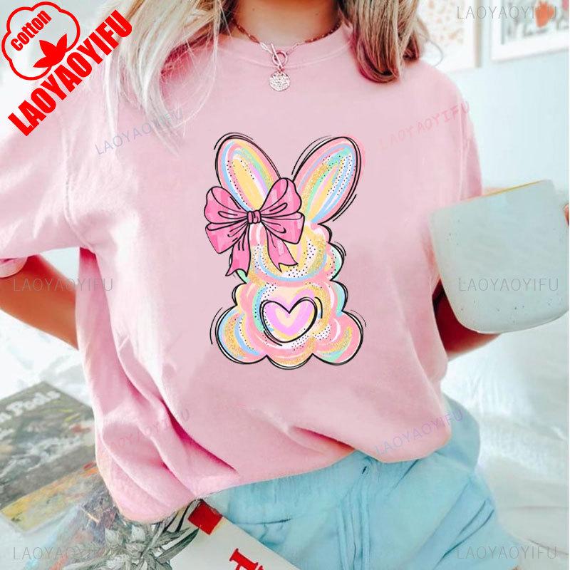 Brushstroke Bunny Easter T Shirt Kawaii Women Short-sleev Tee-shirt Retro Style Streetwear Fashion Casual Cotton Tops Ropa Mujer
