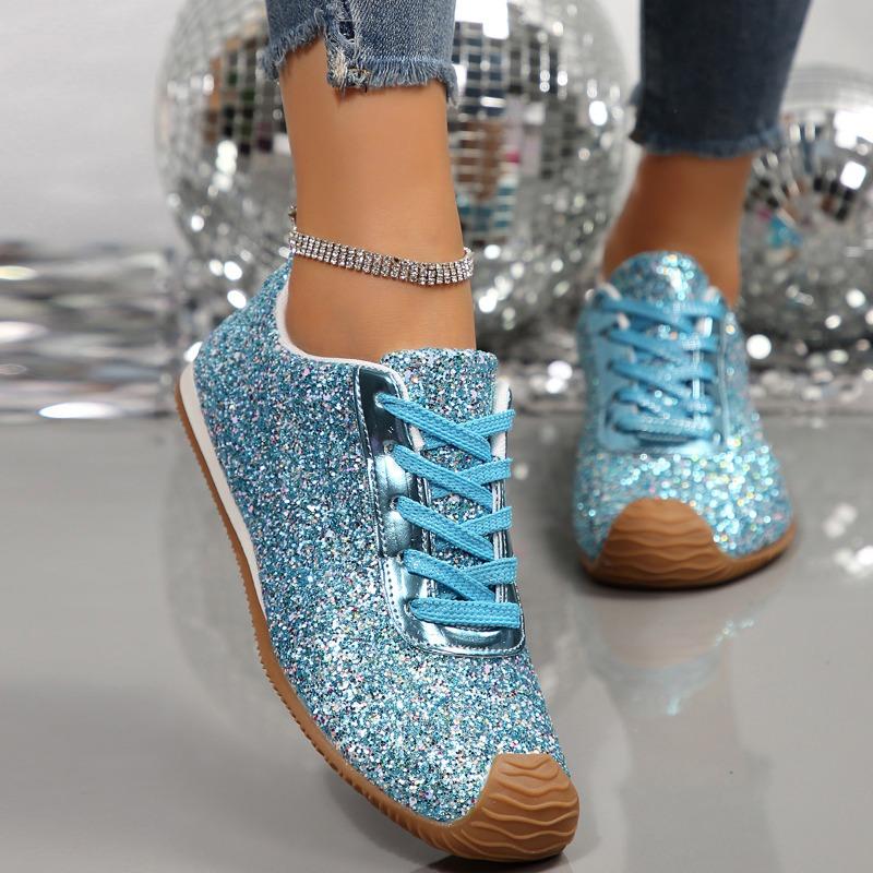 Fashion Women Flat Sneakers 2025 New Casual Bling Vulcanized Shoes Women Mesh Lace Up Platform Plus Size Fashion Outdoor Woman Shoes