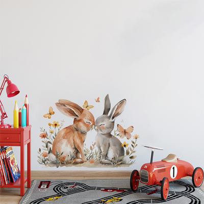 Kids Room Wall Sticker with Painted Rabbit Flowers Butterflies Self Adhesive for Bedroom Headboard Home Decor