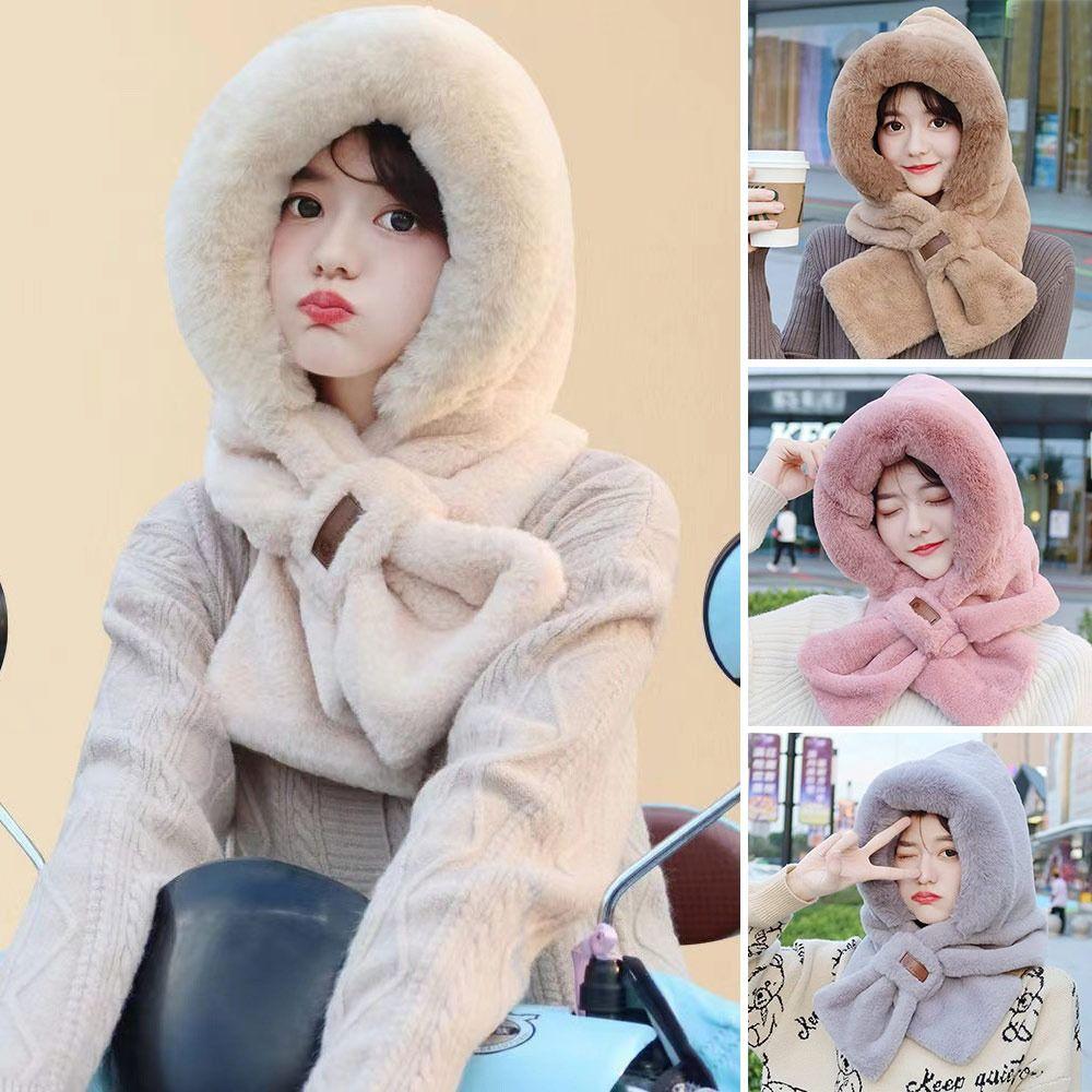 

Windproof Beanie Hat Scarf Plush Ear Protection Cap Winter Scarf Set Hooded Outdoor рожевий