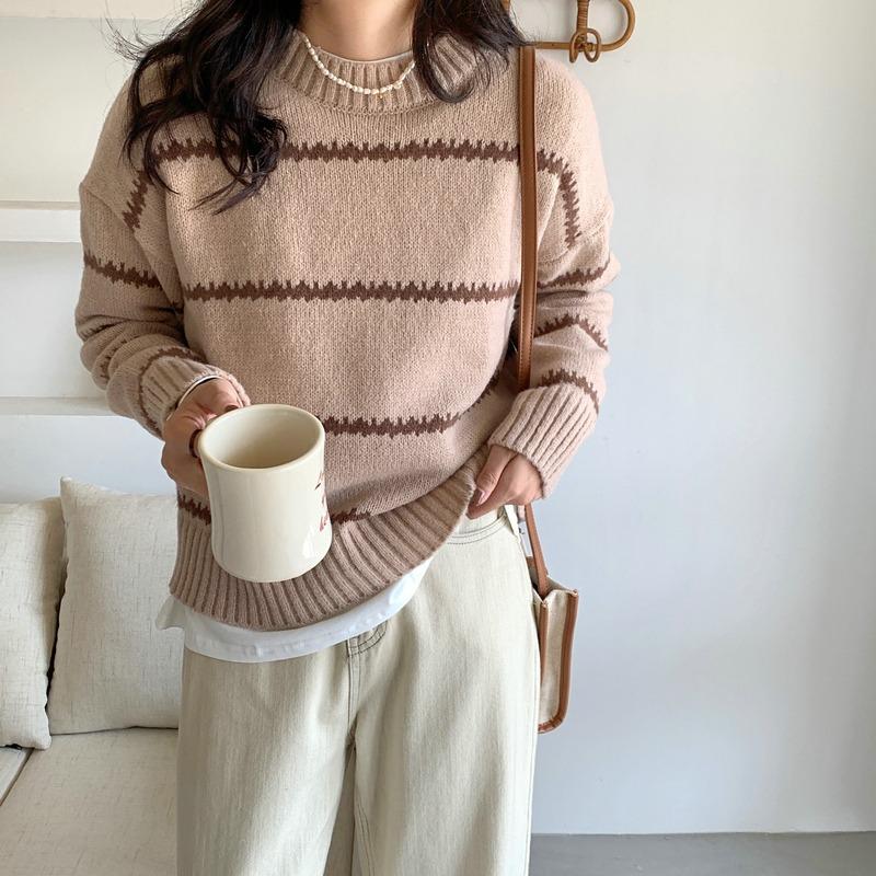 

Korean Style Crew Neck Pullover Stripes Women s Sweater Autumn Winter Fashion New Casual Loose Long Sleeved Knitted Tops Office Lady Elegant Clothing one size