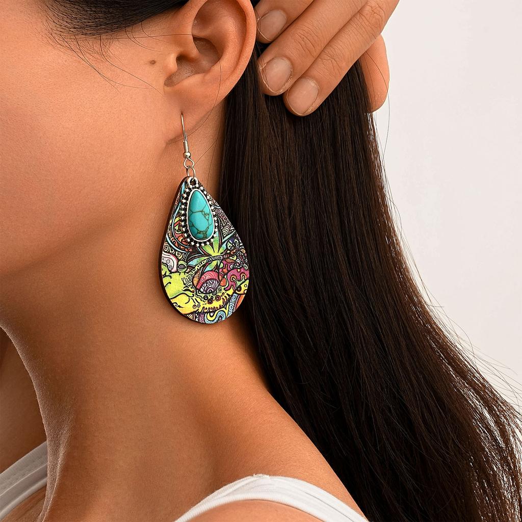 Eco-Friendly Earrings, Retro Water Drop-Shaped Wooden Earrings, Turquoise Earrings.