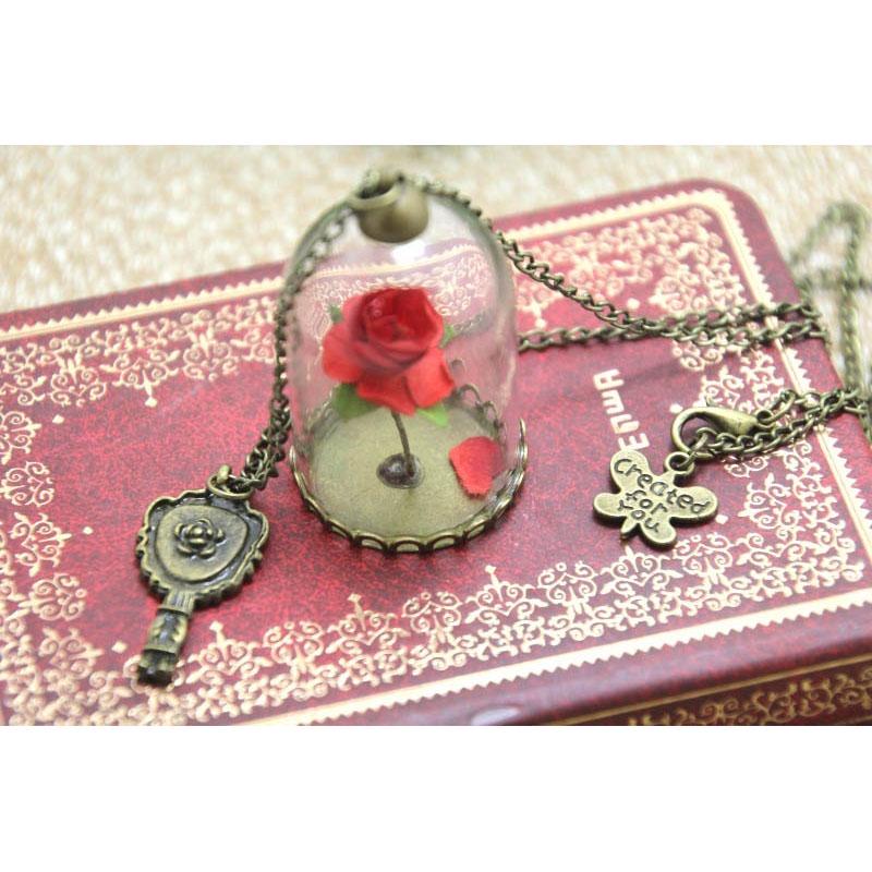Enchanted Inspired Rose In a Glass Bottle Copper Plated Necklace Dome Bronze Mirror Charm