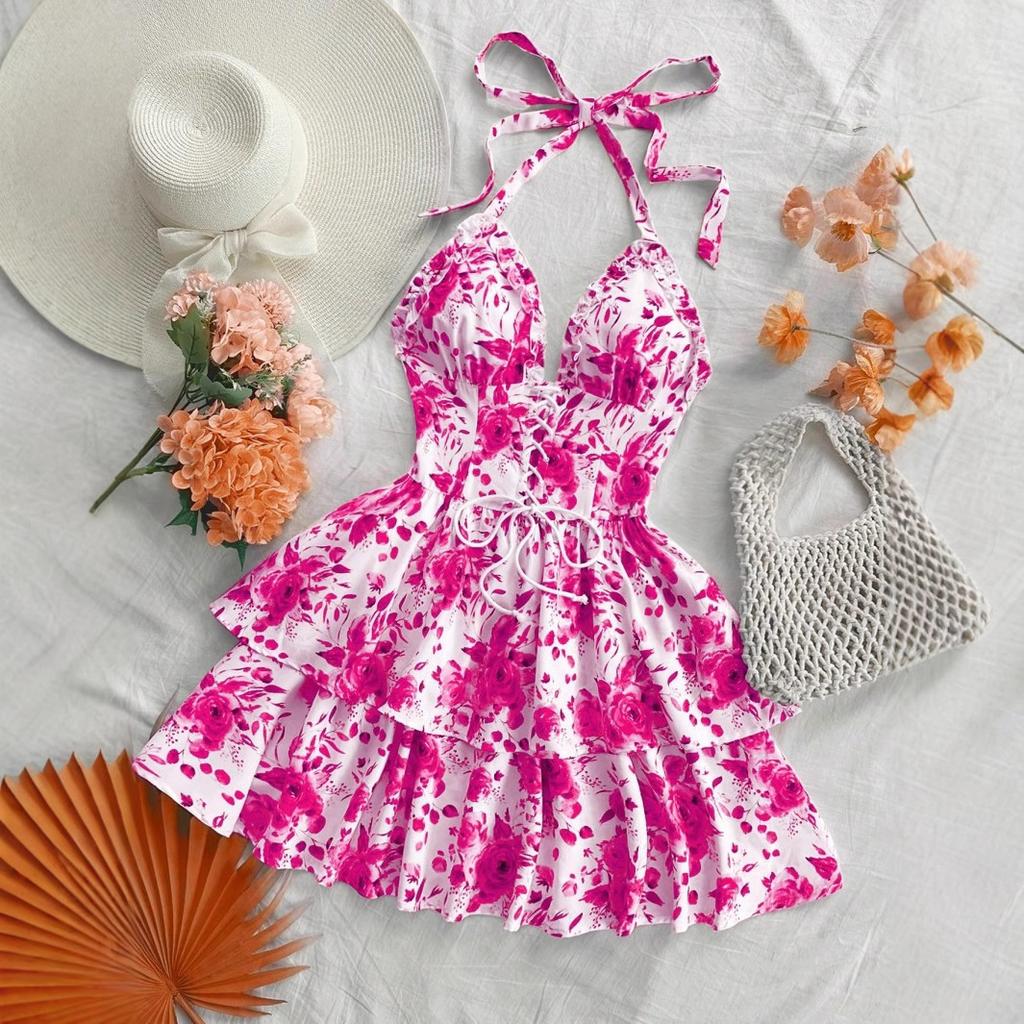 Summer Women's Fashionable Vacation Retro Blue and White Rose Printed Ruffled Dress