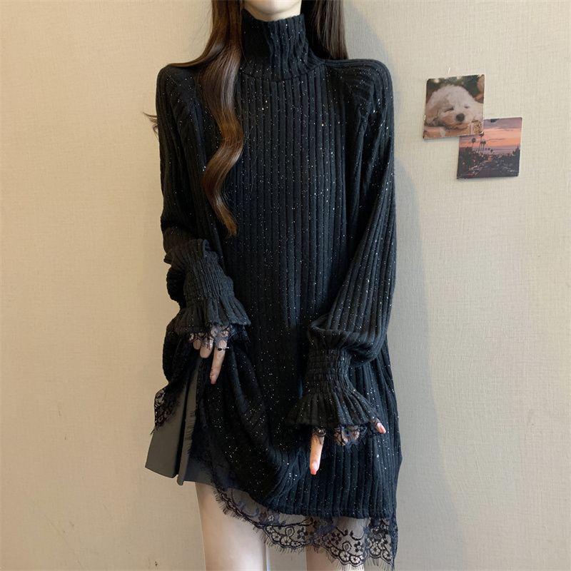 Women's Plus Size Retro Lace High-Neck Sequin Sweater - Autumn/Winter Hip-Length Base Layer