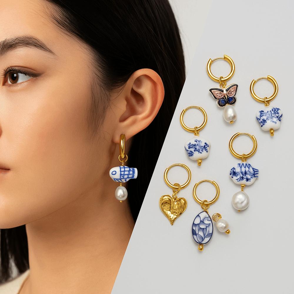 Chinese Style Ceramic Ear Buckle Dripping Oil Gold Hoop Earrings  Party