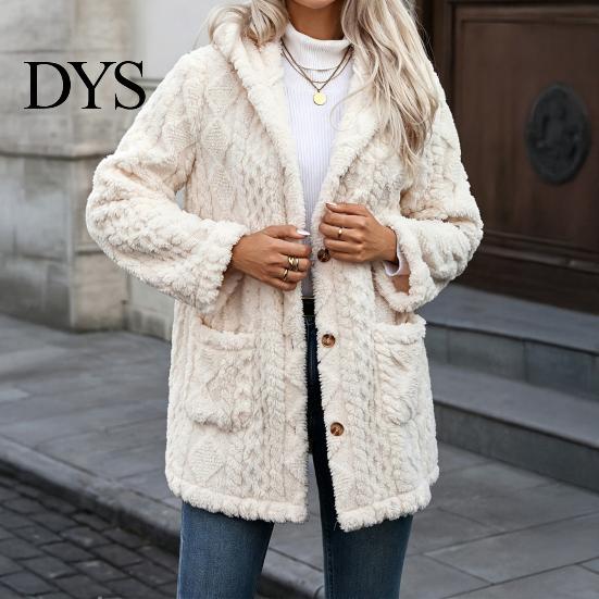 Long Sleeve Warm Coat Women Fleece Jacket with Pockets, Hooded for Fall Winter, Oversized Casual Button Front Cardigan Outerwear Cozy