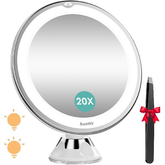 Auxmir 2025 Upgraded 20X Magnifying Mirror with Light, Makeup Mirror with 2-Level Lights, Vanity Mirror with Power Suction Cup and Tweezers, 360°