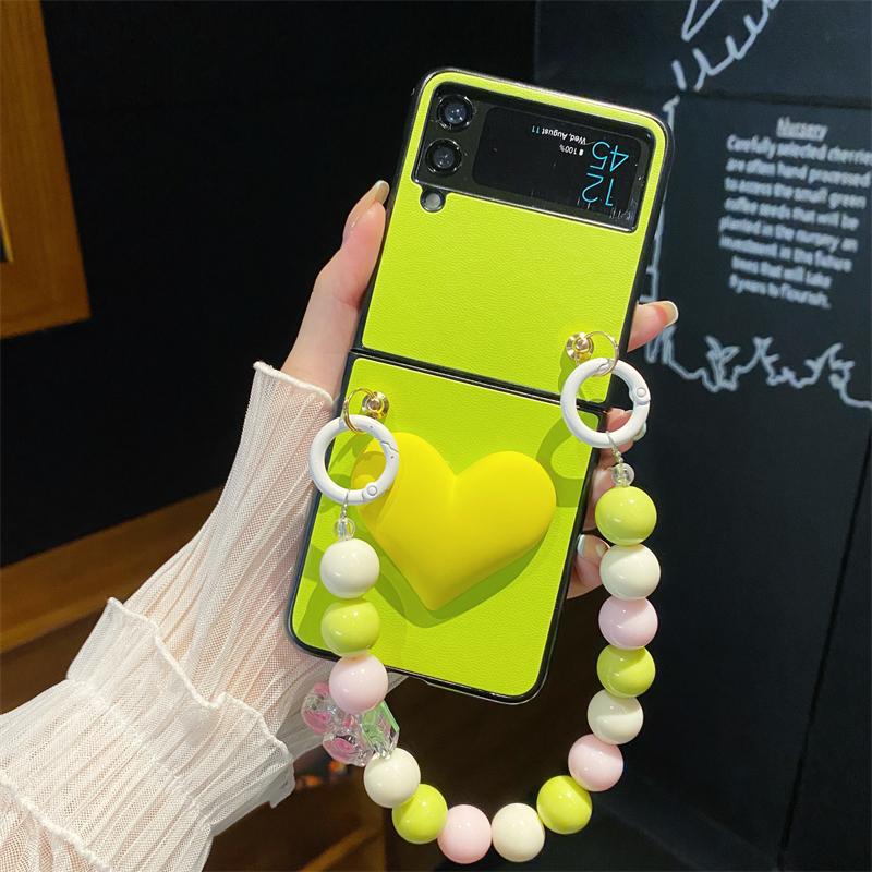 3d Sevimli Aşk Kalp Taşınabilir Boncuk Bilezik Kapak Samsung Galaxy Z Flip 4 3 Kılıf Inci Crossbody Kordon