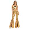 Completo Metallico da Discoteca Anni '70 per Donna S-3XL Gilet Trasparente in Rete Patchwork con Spalline Regolabili Zip Frontale e Scollo a V Pantaloni a Zampa Alta con Spacco