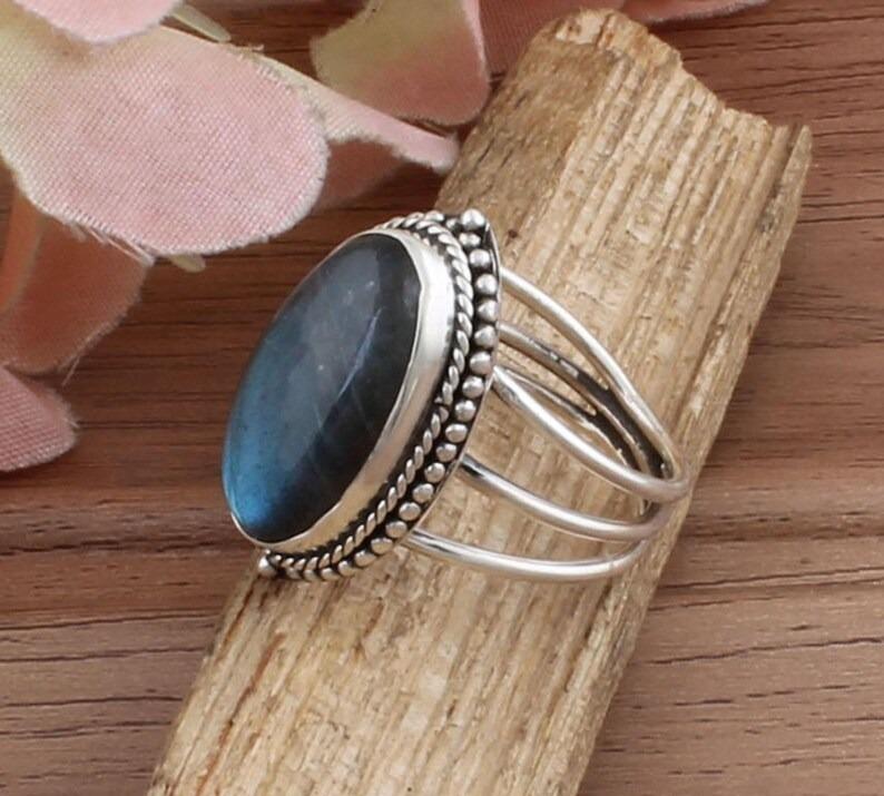 925 Sterling Silver Natural Labradorite Gemstone Blue Flashy Ring Boho Designer Ring Handmade Jewelry Wedding Gift