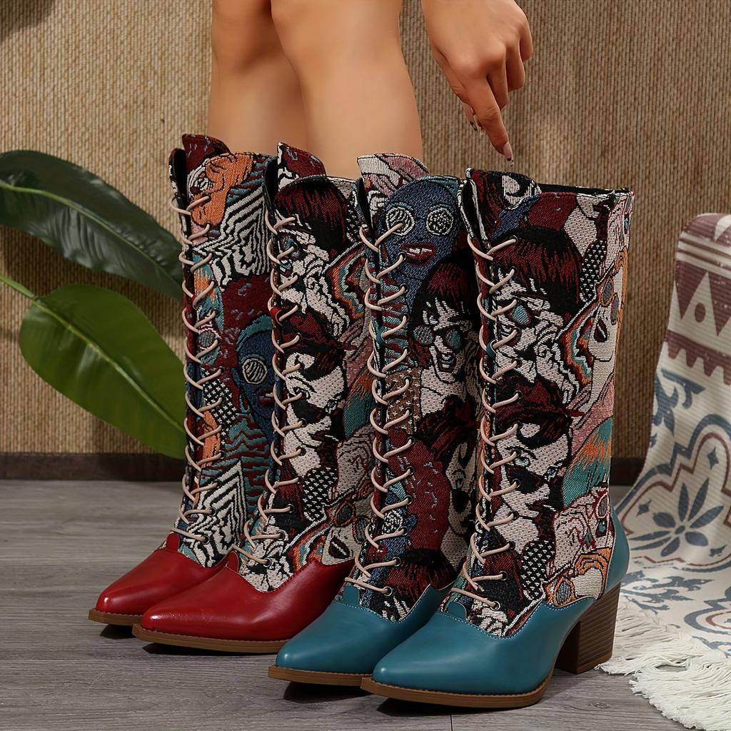 Chic Women's Embroidered Mid-Calf Boots with Chunky Heel - Pointed Toe, Lace-Up Western Fashion Booties