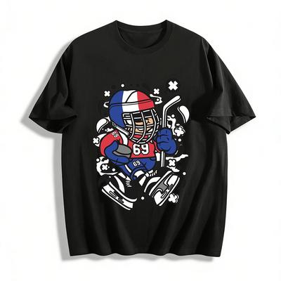 French Team No.69 Hockey Fun Cartoon Print Casual T-Shirt Pure Cotton T-shirt