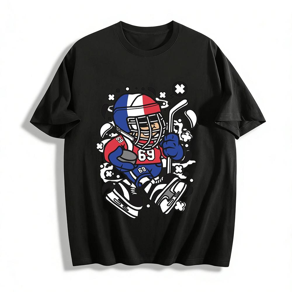 

French Team No.69 Hockey Fun Cartoon Print Casual T-Shirt Pure cotton T-shirt XXS