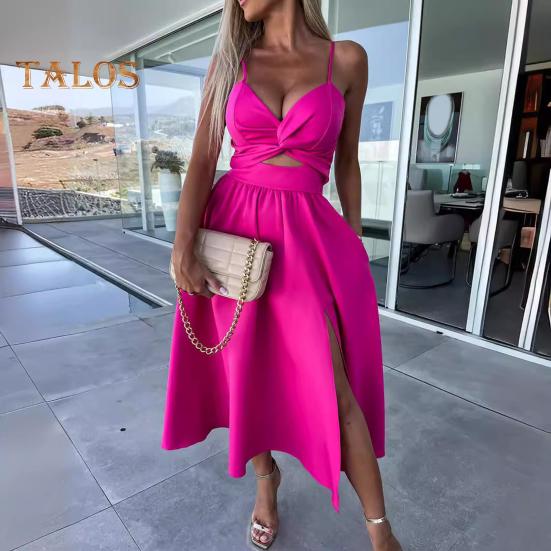 Dámské prázdninové šaty Hluboký výstřih do V Špagetová ramínka Vykrojená záda Bez rukávů Boční rozparek Plisované Jednobarevné Plážová párty Midi šaty Léto Dlouhé