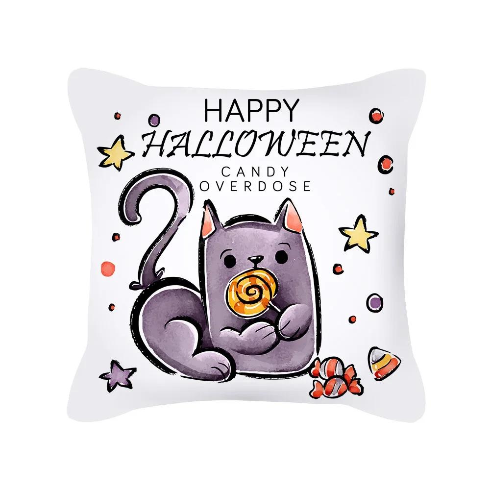Halloween Cartoon Black Cat Ghost Pumpkin Print Cushion Cover For Home Living Room Sofa Decoration Square Pillowcase