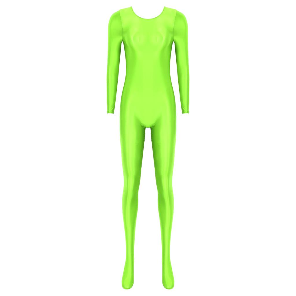 Damen Glatter Langarm Bodystocking Nachtwäsche Einfarbiger Rundhalsausschnitt Body Nachtwäsche