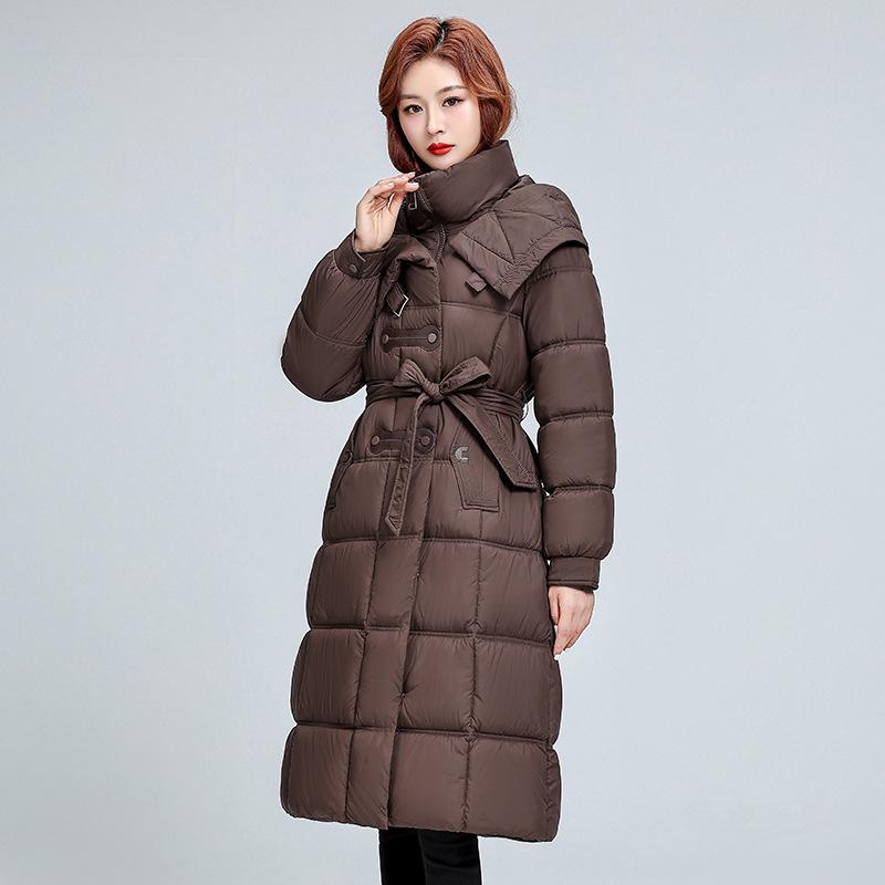 

Женское пуховое пальто средней длины, ниже колена, новый зимний стиль 2025 года, корейская хлопковая куртка, свободное и толстое хлопковое пальто XXXXL кофейный
