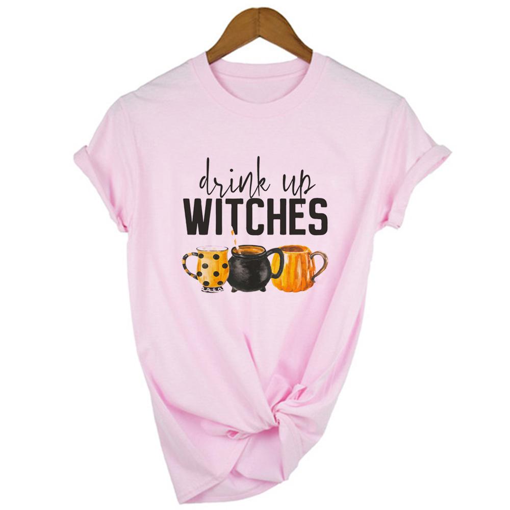 Drink Up Witches Pumpkin Cup Print Women T Shirts Halloween Grunge Harajuku Graphic T Shirt