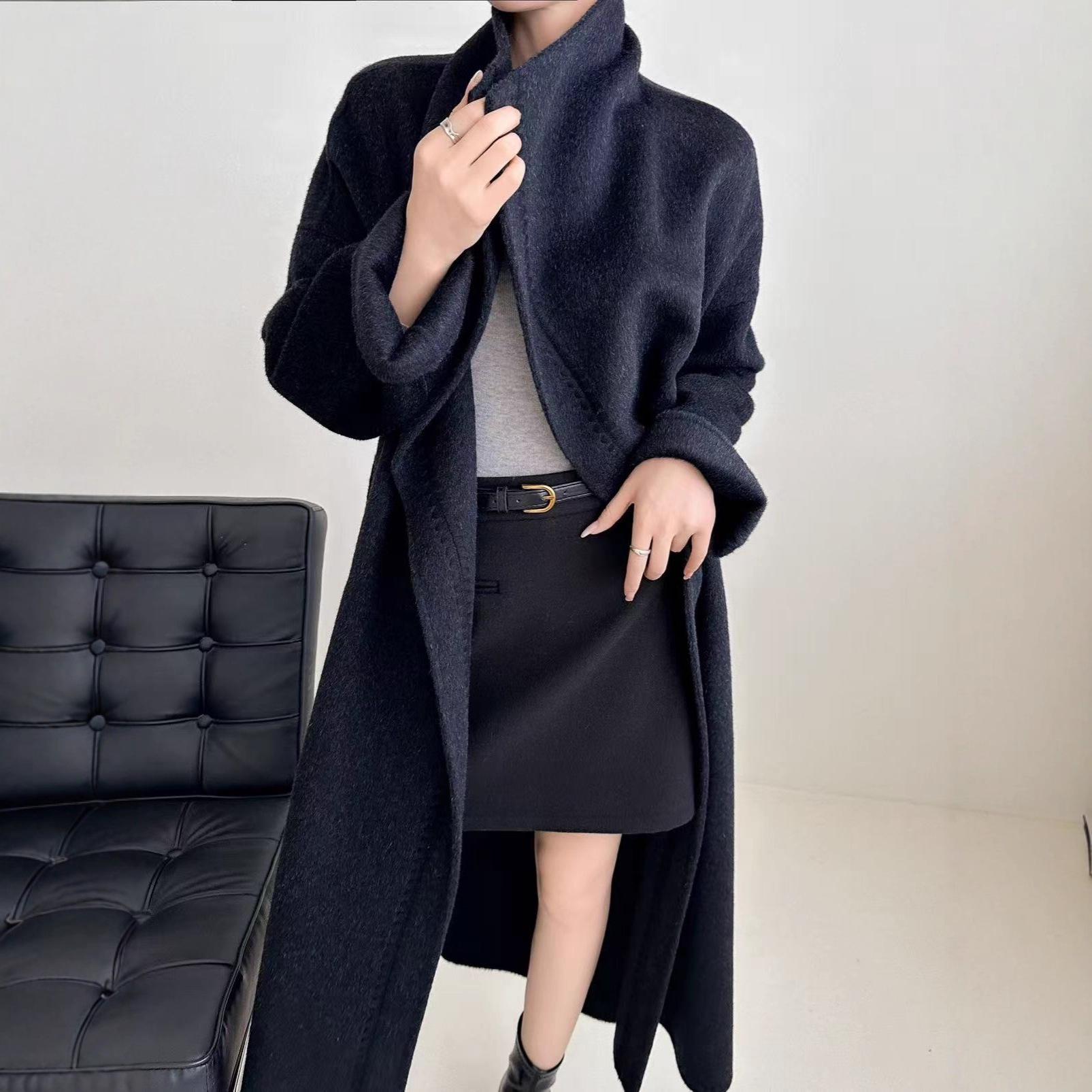 

Женское двустороннее шерстяное пальто - Коллекция Осень/Зима 2025, Легкая роскошь, С поясом, Длинный стиль Small древесный уголь/чёрный