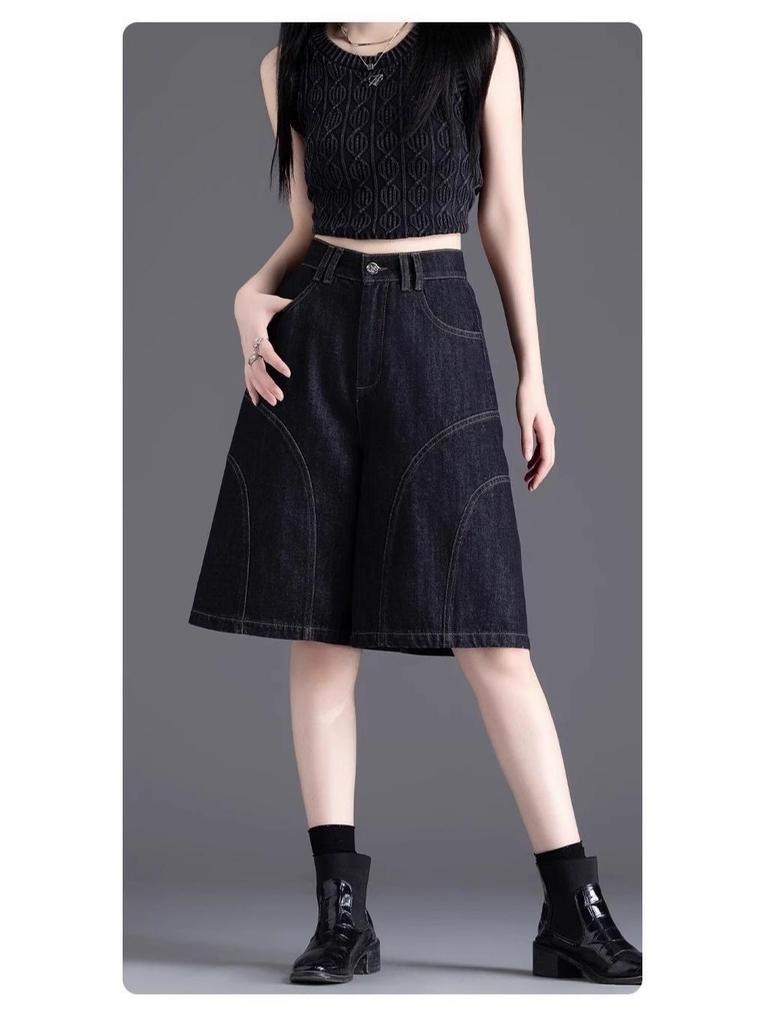 Women's Black Denim Mid-Calf Shorts - Summer 2025 Collection, Lightweight, Loose Fit, Five-Point Wide Leg Style