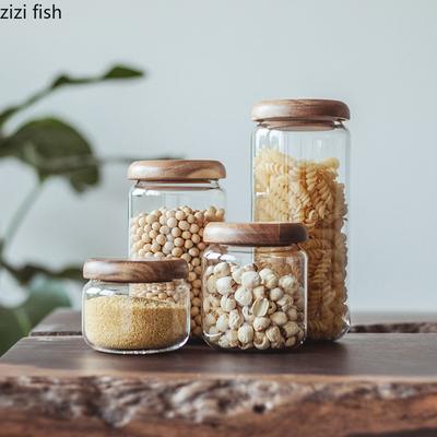 צנצנת זכוכית שקופה לאחסון ביתי מכסה עץ שיטה עגול צנצנת תה צנצנות אחסון פירות יבשים צנצנות שונות לאחסון תבואה