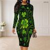 Women Plus Size Round Neck Long Sleeve Dark Green Clover Printed Bodycon Midi Dress