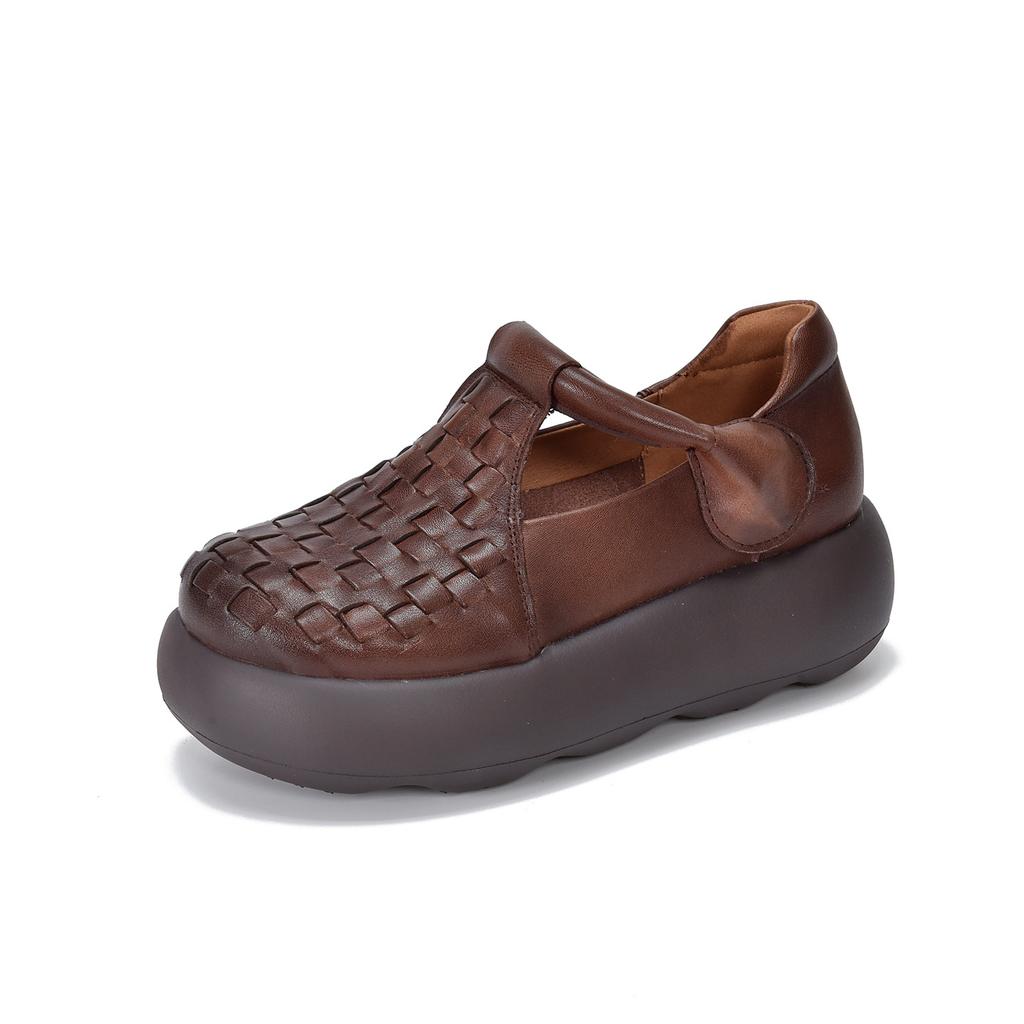 Johnature Hand Woven Genuine Leather Women's Shoes Comfortable Versatile Thick Soled Sandals