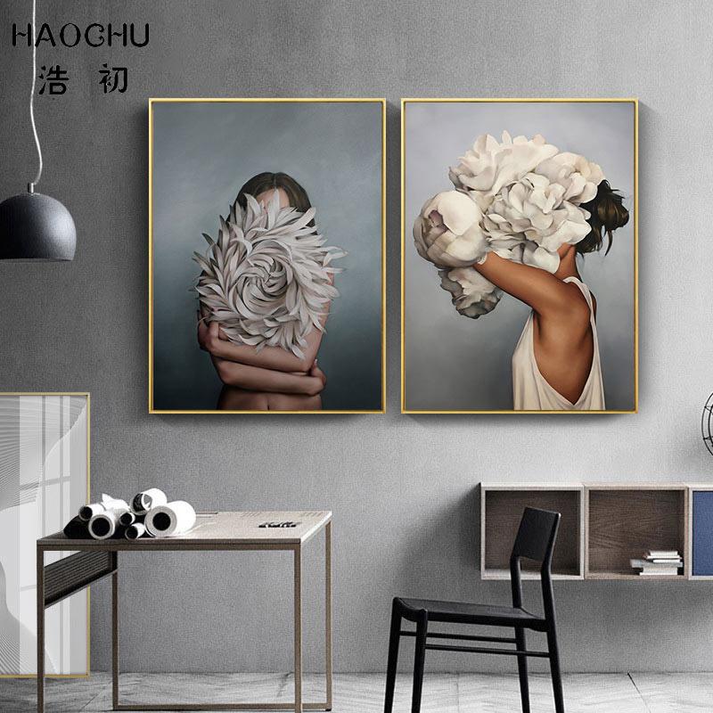 HAOCHU Posters and Prints Flowers Feather Sexy Women Character Canvas Painting Wall Pictures For Living Room Home Decoration