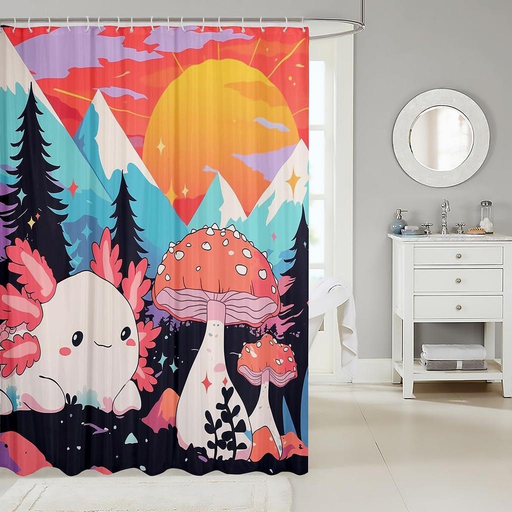 Mushroom Axolotl Shower Curtain Jungle Axolotl Bathroom Shower Curtain Sets,Cute Drawn Printed Fabric Shower Curtain Cartoon