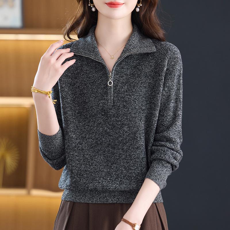 Women's Half-Zip Pure Wool Sweater - Autumn & Winter Warm, Loose Slimming Lapel Knitwear Top